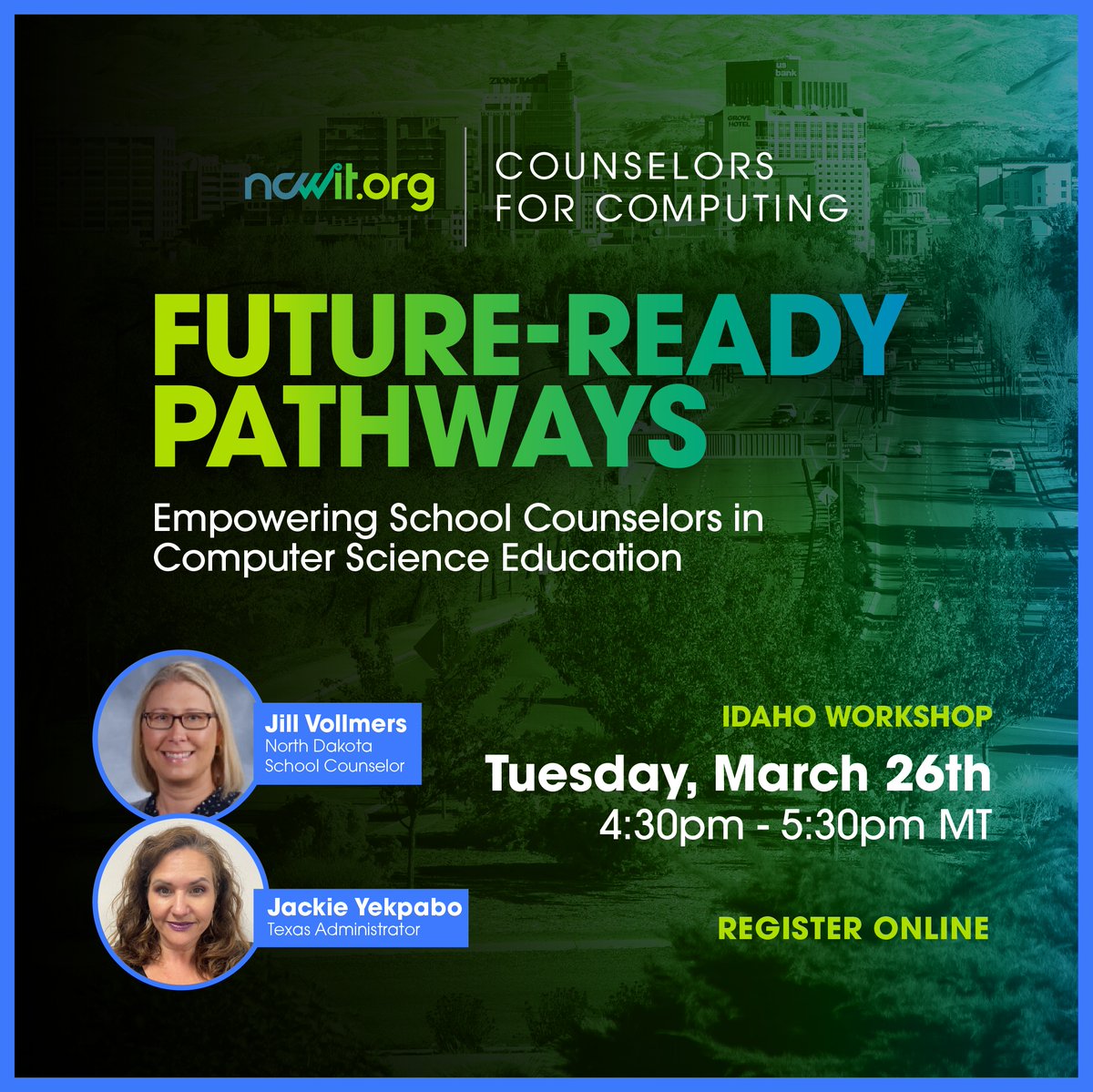 March 26th: Counselors in all states are invited to a peer-led workshop hosted by Jackie Yekpabo, a Texas Administrator!

Learn how you can equip your students with skills to thrive in a world where computing is at the heart of every industry! 📱

Sign up: bit.ly/IdahoC4CMarch2…