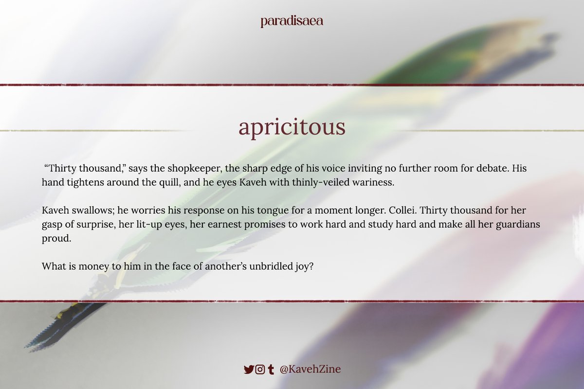 KavehZine's tweet photo. 🖊️ PARADISAEA: WRITER PREVIEW 🖊️

The things a man like Kaveh finds important surely come with the most interesting stories!

🔰@apricitous / AO3: apricitous
 🛒 https://t.co/RXEXvQ1ZUV https://t.co/ikHxQMcDno