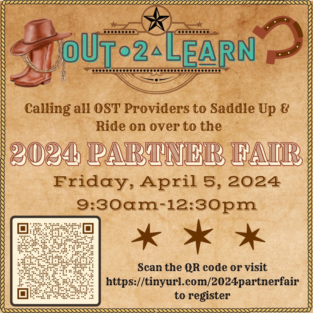Out2LearnHOU's tweet image. Saddle up, partners! 🤠 Dust off your boots &amp;amp; mosey on down to our 2024 Partner Fair! 🌵 Explore 50 vendors ready to lasso you in with their skills &amp;amp; services. Visit tinyurl.com/2024partnerfair to register today #Out2Learn #O2L #PartnerFair #OutofSchoolTime #HoustonOST #Afterschool