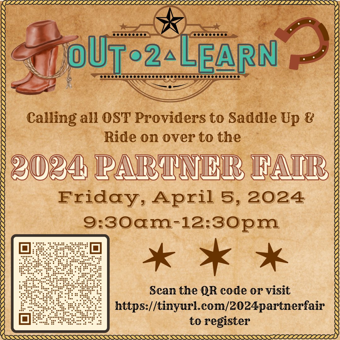 Saddle up, partners! 🤠 Dust off your boots & mosey on down to our 2024 Partner Fair! 🌵 Explore 50 vendors ready to lasso you in with their skills & services. Visit tinyurl.com/2024partnerfair to register today #Out2Learn #O2L #PartnerFair #OutofSchoolTime #HoustonOST #Afterschool
