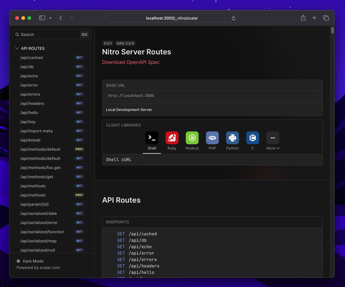 experimental * /_nitro/scalar endpoint is available in nitro.unjs.io and @nuxt_js nightly channels powered by @scalar! * you need to set `nitro.experimental.openAPI: true` Thanks, @hanspagel for the initial PR ♥️