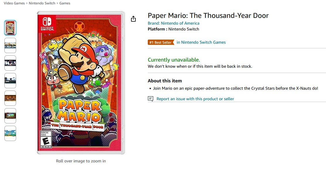 Nintendeal's tweet photo. Paper Mario: The Thousand-Year Door physical release pre-order has sold out on Amazon: https://t.co/A0MPmgpVqz

Showing "Currently unavailable" for now