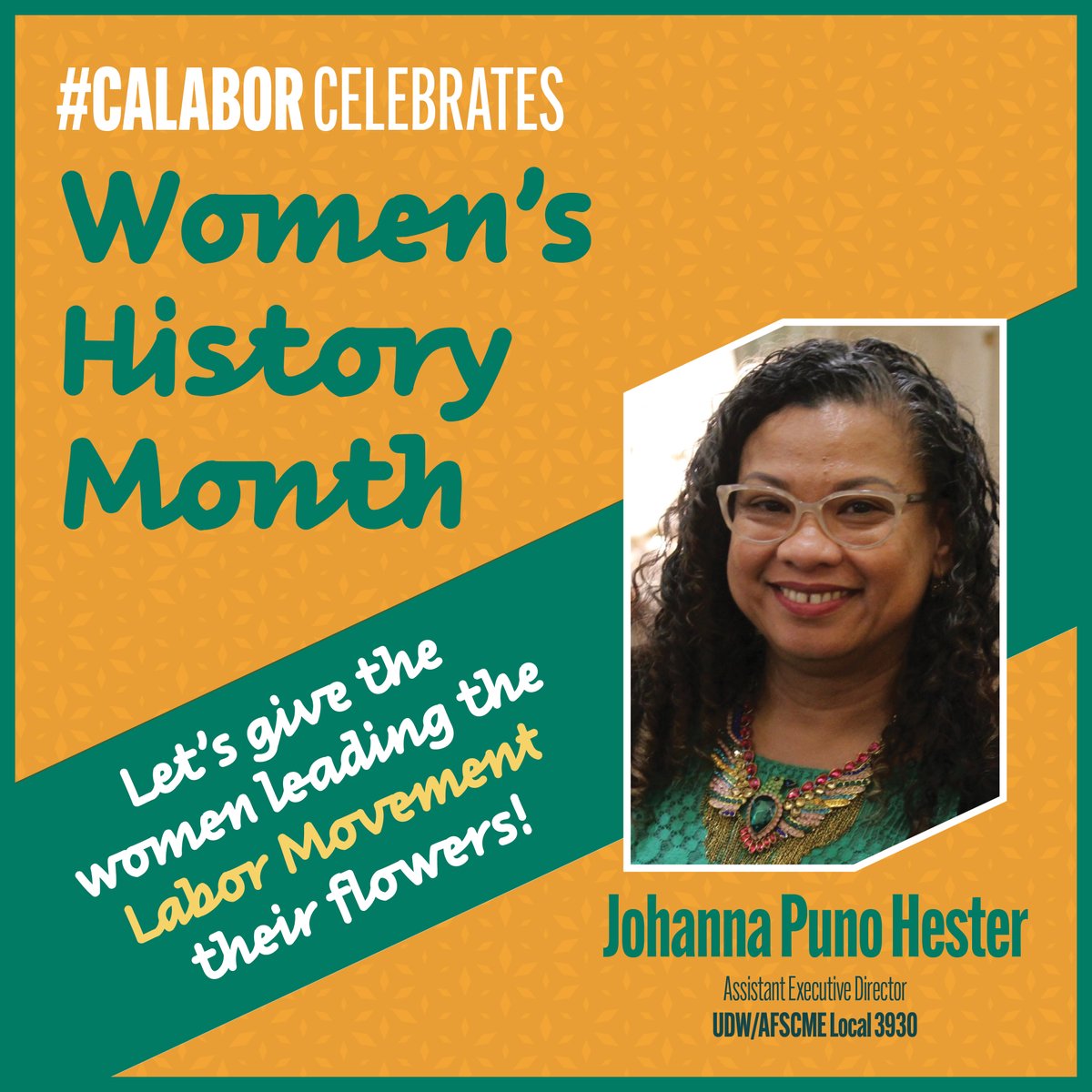 CaliforniaLabor's tweet photo. As Asst. Executive Director of @udw_union, Johanna Puno Hester is a force of labor. With 25 years+ of empowering workers, she has led historic campaigns w/ family childcare providers in CA. Thanks Johanna, for being a fierce labor leader! #WomensHistoryMonth #HerStoryInspires 💪🏾 https://t.co/VpVLCOfTYw
