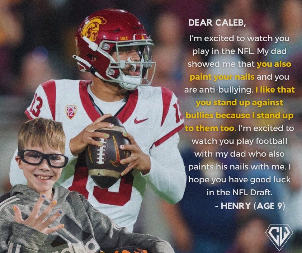 HEARTWARMING: 9-year old Henry wrote to Caleb Williams how he has inspired him and his dad to paint their nails.

Henry says he stands up to bullying because of <a href="/CALEBcsw/">Caleb Williams</a>. 

🥹