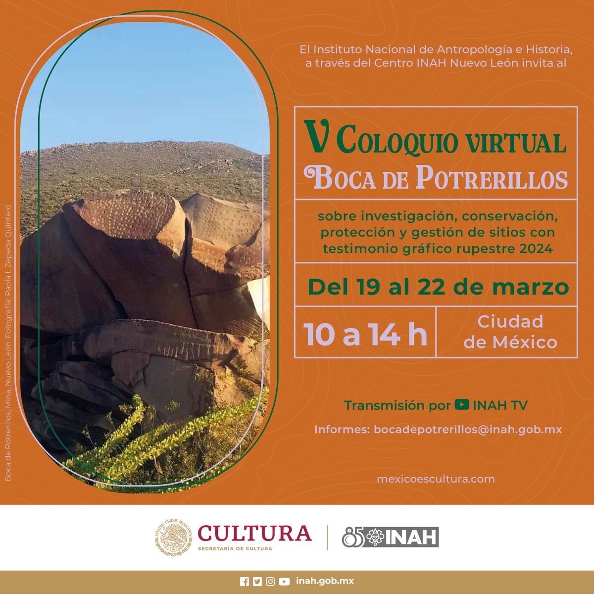 #NoTePierdas el V 𝐂𝐨𝐥𝐨𝐪𝐮𝐢𝐨 𝐯𝐢𝐫𝐭𝐮𝐚𝐥 𝐁𝐨𝐜𝐚 𝐝𝐞 𝐏𝐨𝐭𝐫𝐞𝐫𝐢𝐥𝐥𝐨𝐬 sobre investigación, conservación, protección y gestión de sitios con testimonio gráfico rupestre.

🗓️Del 19 al 22 de marzo, 10 a 14 h.

Transmisión #EnVivo por #INAHtv:
youtube.com/@INAHTV/streams