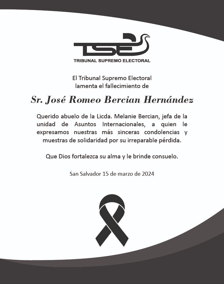 En el TSE lamentamos profundamente la pena que embarga a la compañera Melanie Bercian, por la dolorosa pérdida de su abuelo, y confiamos para que nuestro Creador acompañe a su familia, la llene de paz y le brinde fortaleza para enfrentar este momento.