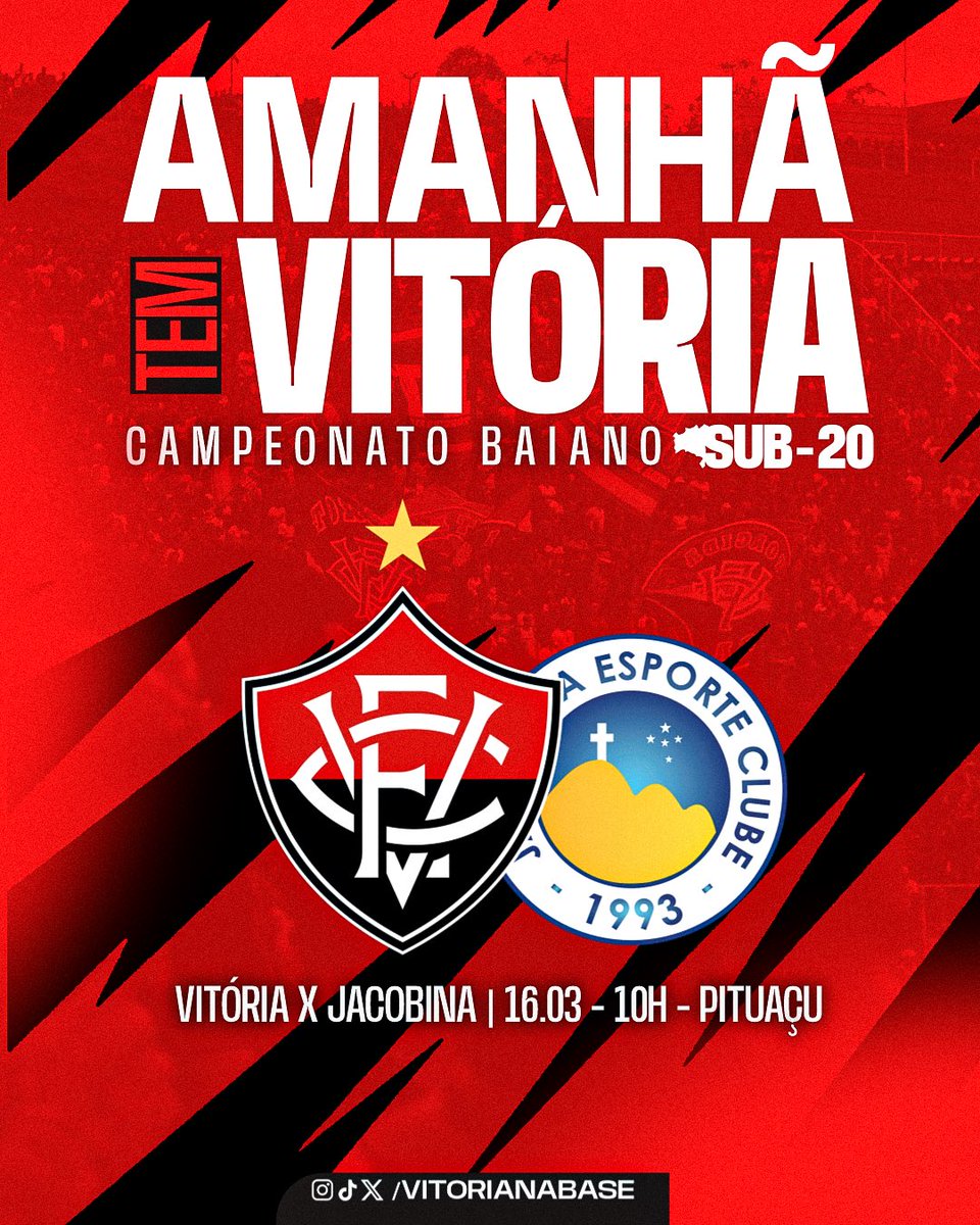 vitorianabase's tweet photo. AMANHÃ TEM ESTREIA! 🔴⚫️

O Leão entra em campo contra o Jacobina para a primeira rodada do Campeonato Baiano sub-20, às 10h, no estádio Pituaçu. 

Vamos pra cima! 🦁

#FábricaDeTalentos #PegaLeão https://t.co/JNwQ2BEuZx
