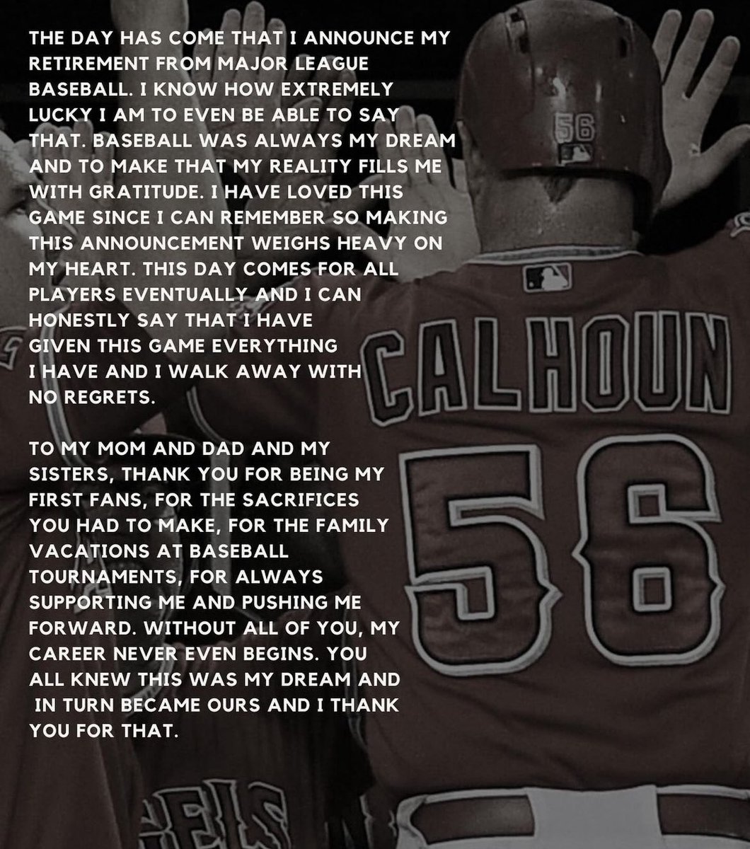 AngelsNews27's tweet photo. Former Angels Update: OF Kole Calhoun has retired from the game of Baseball. Calhoun, an 8th round draft pick by the Angels in 2010’ ended up playing 12 years in the majors. He played for the Angels from 2012-2019 and won a Gold Glove in 2015. Thank you @KoleCalhoun! https://t.co/SGETI7nn9z