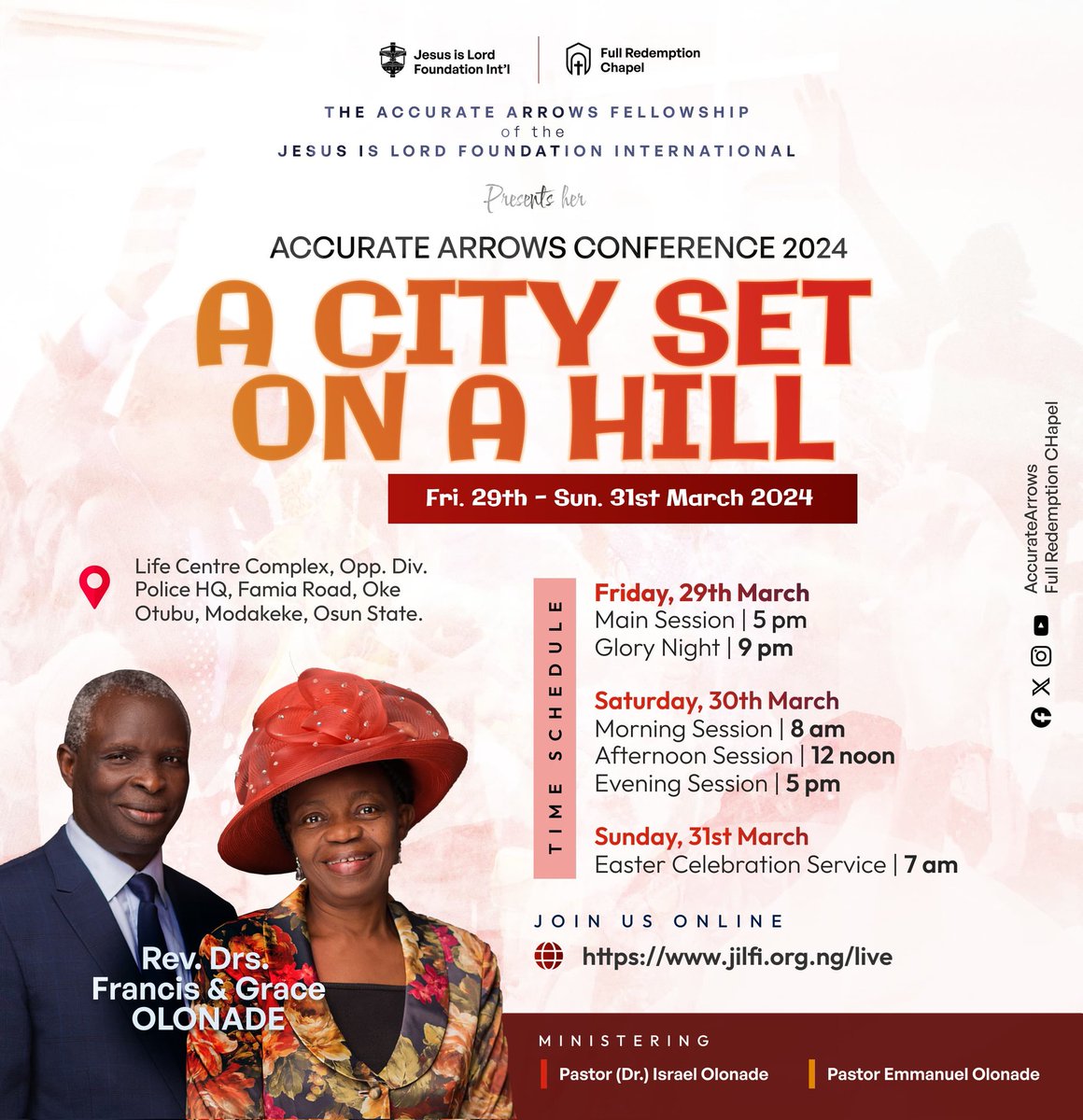 accurate_arrows's tweet photo. Join us at the 2024 edition of the Accurate Arrows Conference, themed "A City Set On A Hill", starting on Friday 29th till Sunday 31st March, at the Life Centre Complex, Opp. B Divisional Police Headquarters, Famia Road, Modakeke, Osun State, Nigeria. 

#AccurateArrowsConference https://t.co/Y0Di576fRl