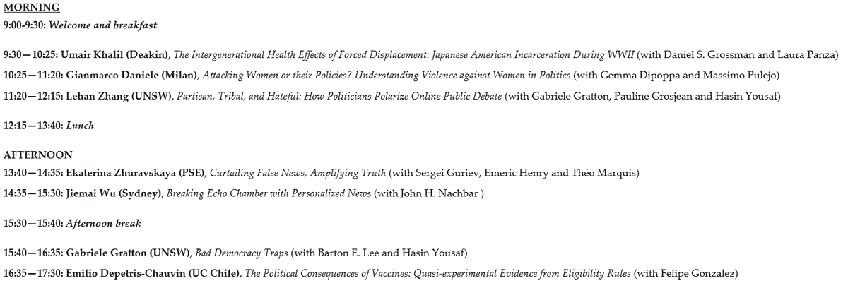 The 2nd Resilient Democracy Lab Workshop is on this Monday at @UNSWEcon Updated program below, including talks by @umairmkhalil @Giammacco @lehanzhang_ @ezhuravskaya @JiemaiWu @EmilioDepetrisC and myself.