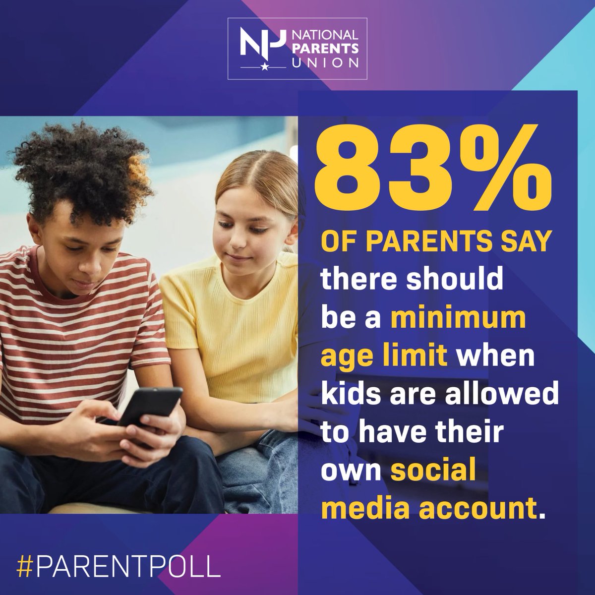 NationalParents's tweet photo. Parents are concerned about the negative effects that social media is having on children and their mental health. Would you support a minimum age limit when it comes to kids having their own social media account? #ParentPoll #KidsandTech #ParentVoice2024 https://t.co/NPFPBS5R56