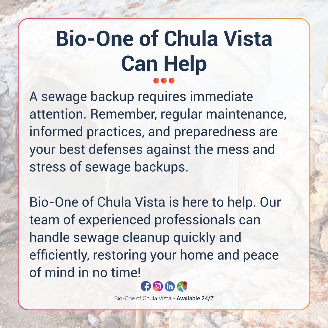 BioOneCV's tweet photo. Learn how to handle the causes of sewage backups, immediate action steps, and professional cleanup with expert advice from Bio-One.

📰: https://t.co/ltCipElYbc

📞Free estimates at 619-892-1744.

#bioone #chulavista #sandiego #blog #news #biohazardcleanup #housetips https://t.co/9P2vVw1dGO