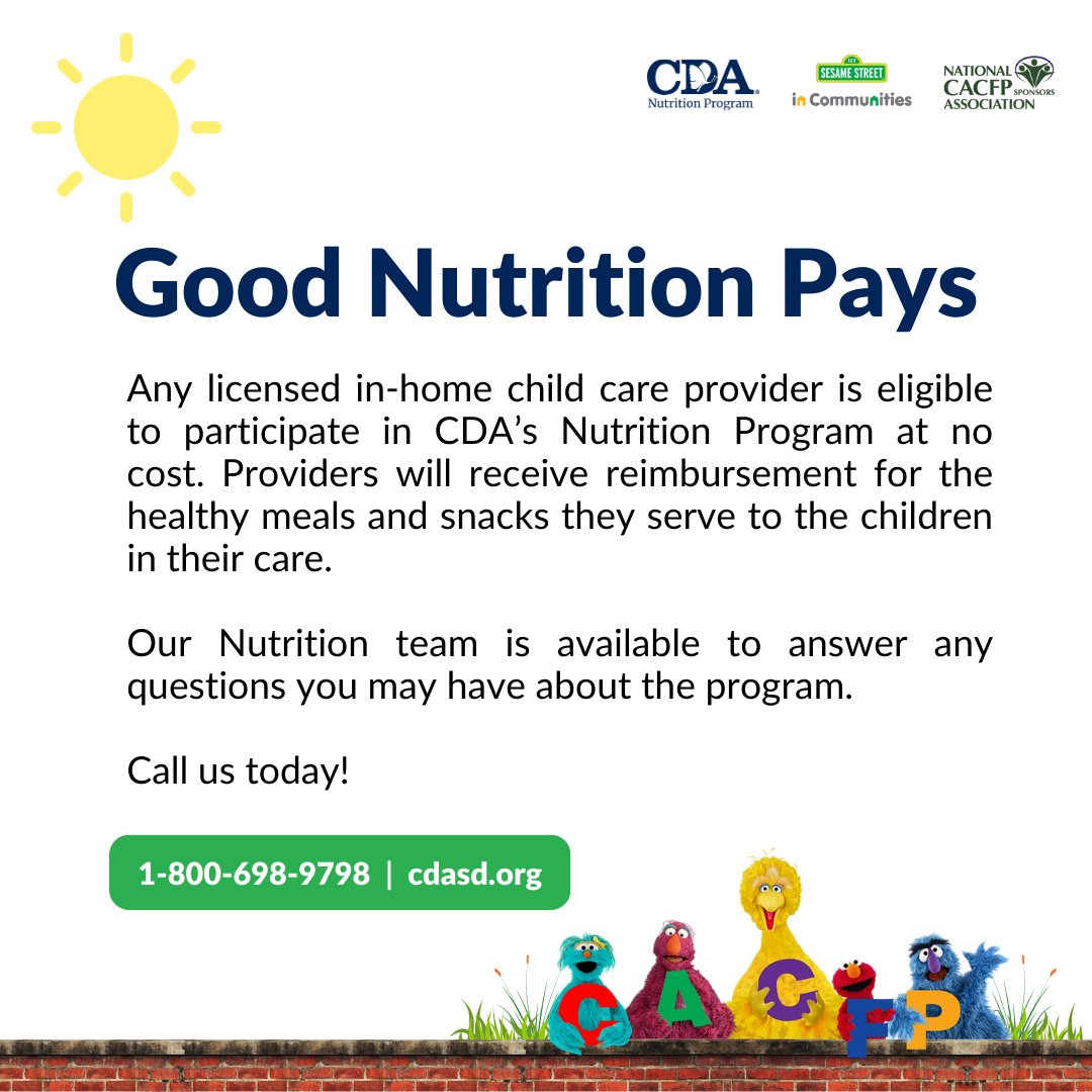 🥦🥕 Are you a #childcare provider looking to save money on nutritious meals and snacks for children? With menus, recipes, training, and financial reimbursement, CDA' Nutrition Program supports you every step of the way. 🙌

Learn more: cdasd.org/providers/nutr…

#CACFPWeek