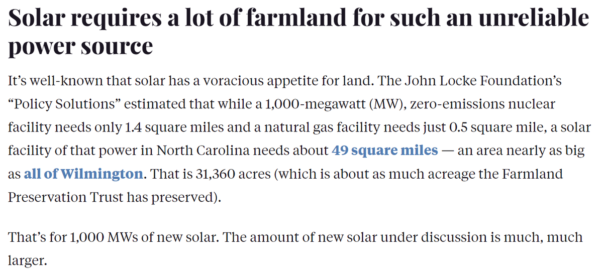tylerhnorris's tweet photo. In a new anti-solar op-ed, NC's lead conservative think tank @JohnLockeNC @CarolinaJournal published a whopping error today claiming 1,000MWac of PV requires 31k acres, when actual amount is ~5X less. The op-ed is premised on this claim. (🧵1/4) https://t.co/7vQgB13BnK https://t.co/YoOpVNZagz