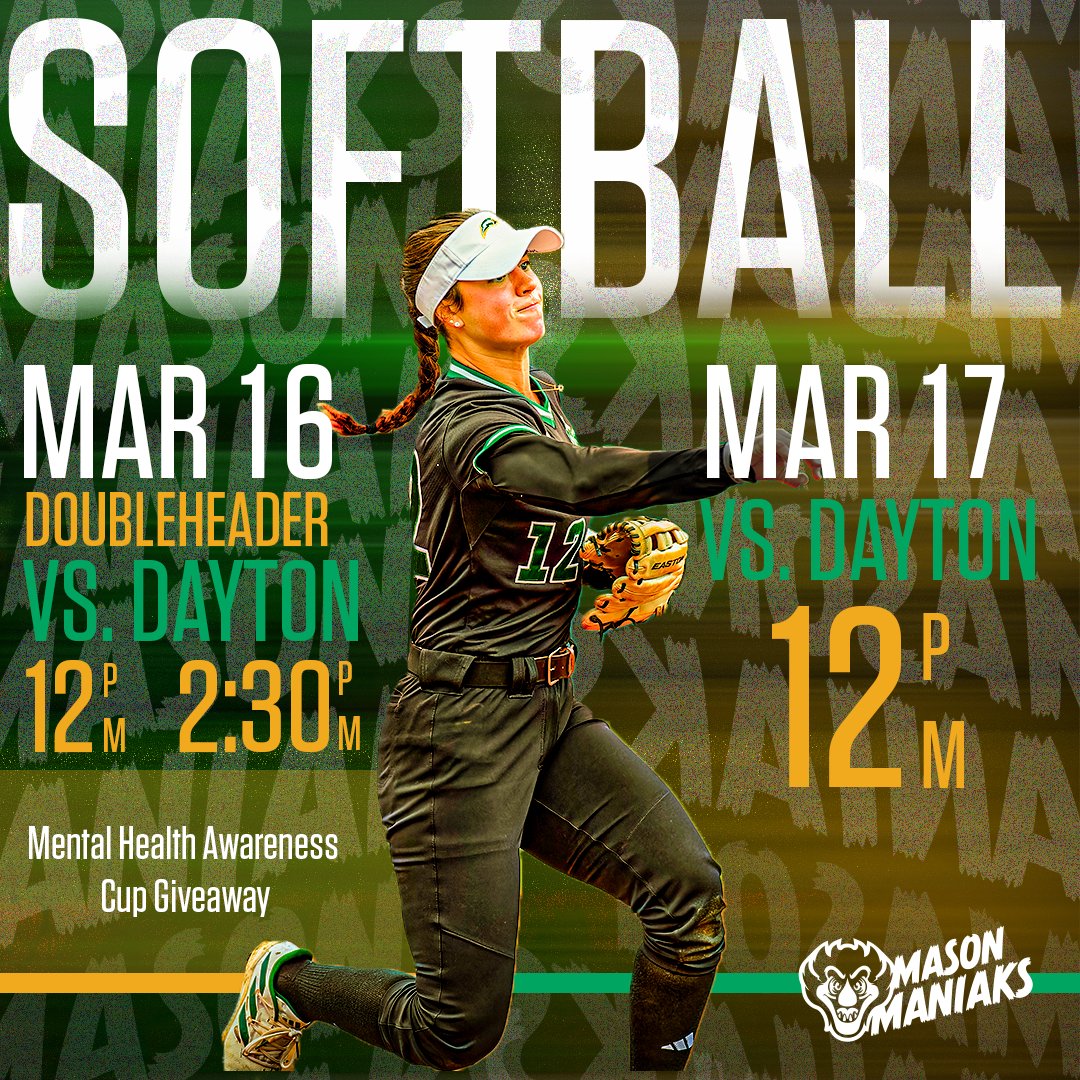 Let’s play ball, Maniaks! 🥎 This weekend, @MasonSoftball is starting their A-10 schedule with a series against Dayton. It’s a Mental Health Awareness weekend with a cup giveaway on Saturday! Come show out to support our green and gold 💚💛 Go Patriots!