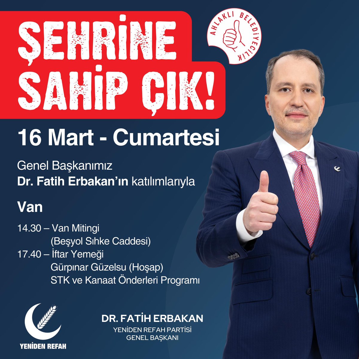 S_HazinogLu's tweet photo. 📍 Van 🇹🇷👍🏻

Genel Başkanımız Dr. Fatih Erbakan’ın 16 Mart Cumartesi günü programı 👇🏻 https://t.co/sJ1tw49kWs