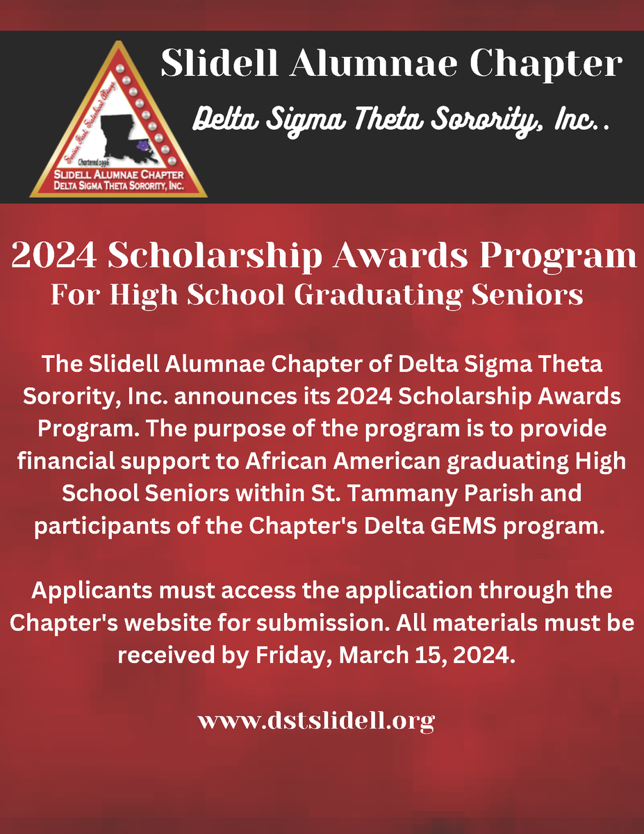 dstslidell's tweet photo. The Slidell Alumnae Chapter announces its 2024 Scholarship Awards Program. Please click on the link below https://t.co/Ndb112QJoM
or visit our website at https://t.co/MZpu5A7GWb.
The deadline is today!!! Friday, March 15, 2024. #dstslidell #DSTSWR #DST1913 https://t.co/anjChJaiMi