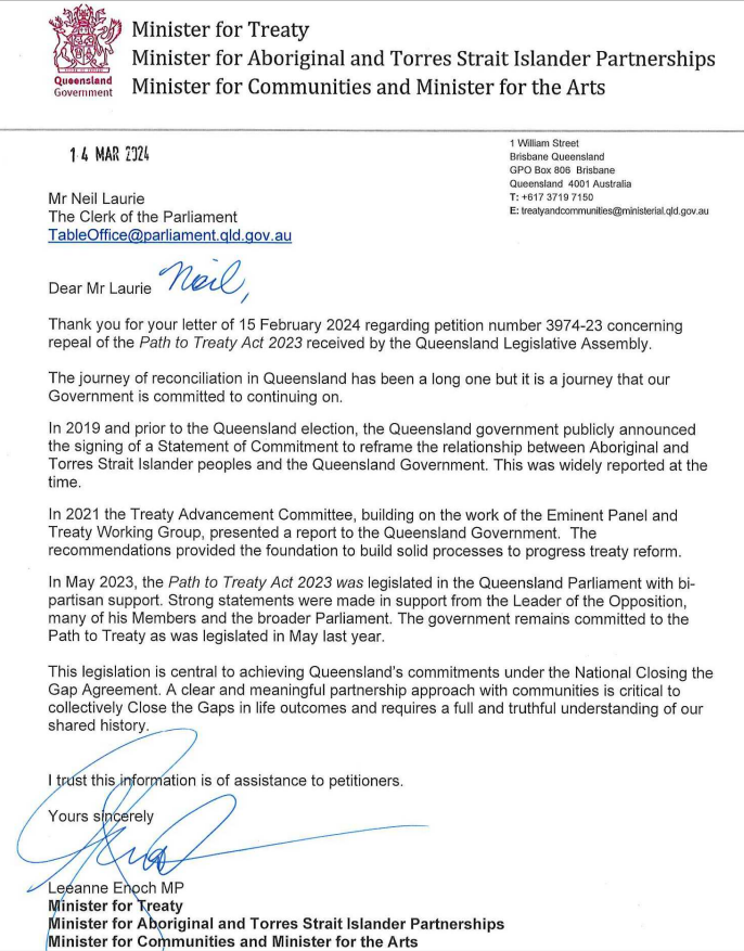 QLD ALP continues to disregard the people. Disgusted that LNP originally supported this nonsense but that support now withdrawn. LNP must repeal this Path to Treaty Act 2023 if elected. @DavidCrisafulli @LibertariansAus @MRobertsQLD @mattjcan @SkyNewsAust @australian