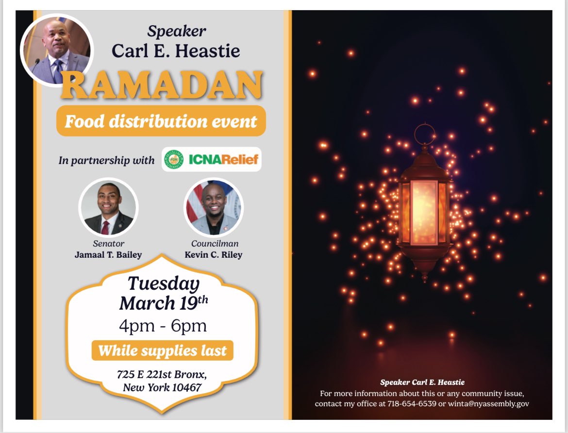 Join us for a Ramadan food distribution on Tuesday, March 19th at 725 E 221st Bronx, NY. In partnership with @CarlHeastie, @CMKevinCRiley, and @ICNARelief, we will providing food resources to support the community during this special time. Starting at 4pm, while supplies last!
