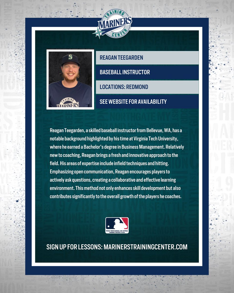 Baseball Instructor Spotlight! 🌟 Reagan Teegarden | 📍MTC Redmond Specializing in infield and hitting Book a lesson with him today! 👉 marinerstrainingcenter.com/lessons/