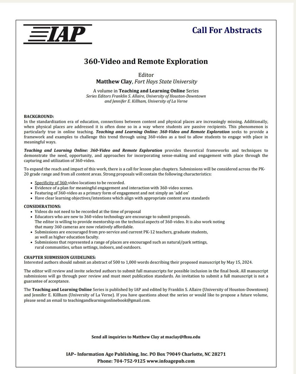 I am accepting lesson plan chapter abstracts for the upcoming "360 Video and Remote Exploration." No prior experience with 360 video is necessary to submit and I am more than happy to answer questions folks might have. Open to all grade levels/content areas.