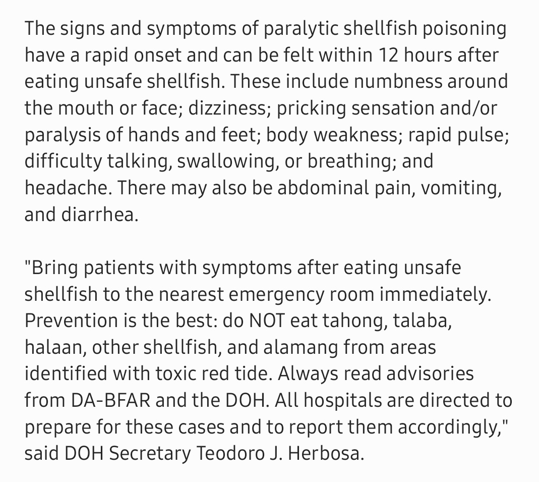 The Department of Health asks the public to avoid all types of shellfish (mussels, oysters, clams, etc.) and alamang in the coastal waters of Milagros in Masbate; coastal waters of Dauis and Tagbilaran City of Bohol; Dumanquillas Bay in Zamboanga del Sur. Also in San Pedro Bay in