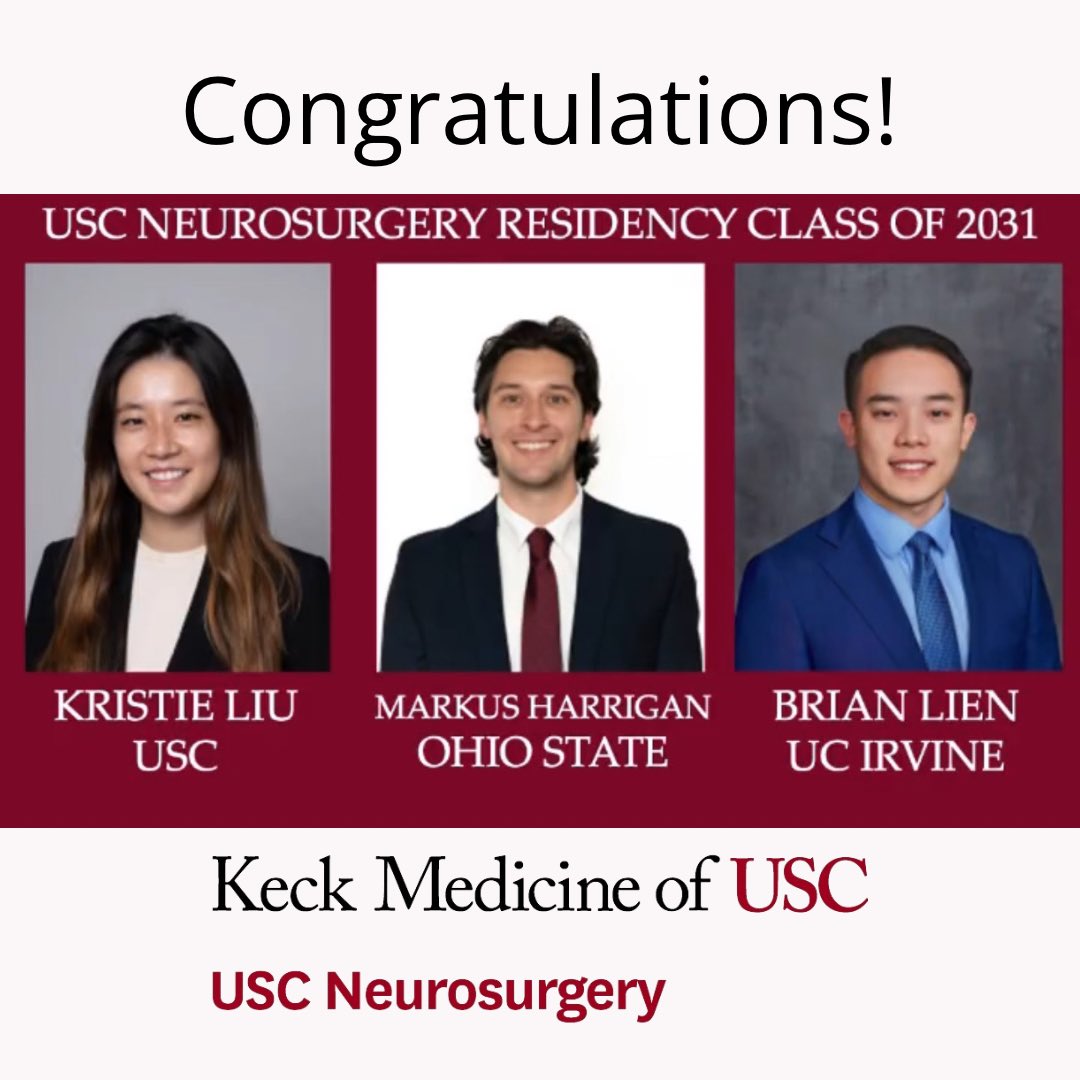 CONGRATULATIONS to the future #neurosurgeons on #MatchDay!

We can't wait to see the incredible impact you'll make.
Welcome to @uscedu
Kristie Liu from Keck Medicine USC
Markus Harrigan PhD from Ohio State
Brian Lien from UC Irvine

#neurosurgery #matchday2024 #KSOMMatch2024