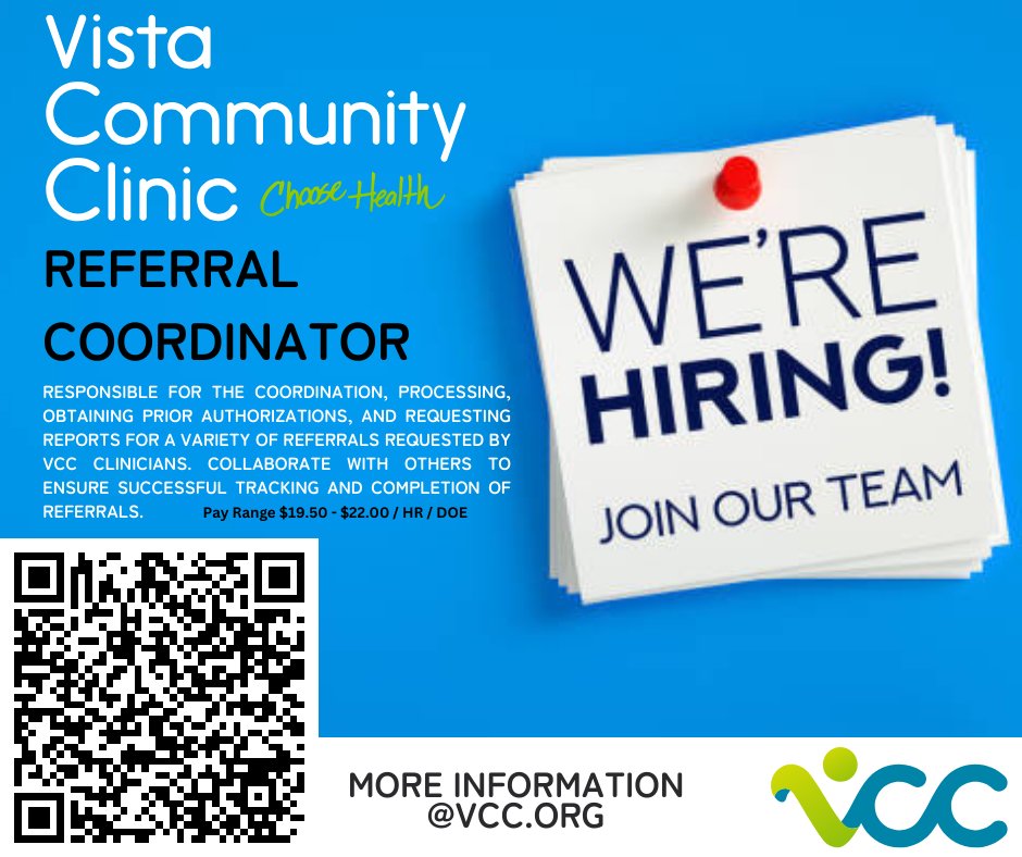 Join our team. Vista Community Clinic is hiring! Click on the link below to see all our open positions and apply today! …https://careerportaln-vistacommunityclinic.icims.comVista Community Clinic is an Equal Opportunity Employer. #VCC #ChooseHealth #HiringNow #HealthcareCareers