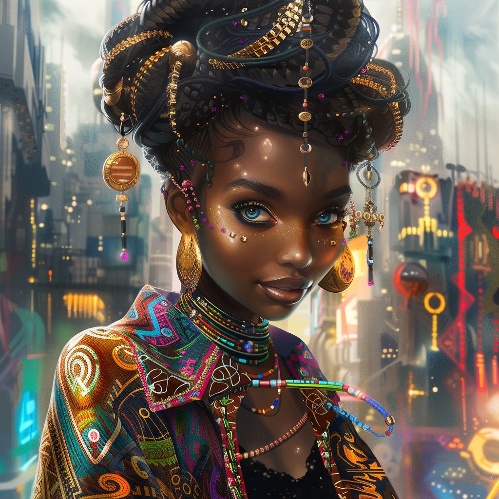 'City of Lights, Queen of Beauty.' 

#FuturisticFashion #Afrofuturism #StyleInSync #BeautyAndCityGlow #TechSavvyStyle
Captioned by #GPT4
Contact us for art on Merch, notebooks, journals, coloring books.
Visit etsy.com/shop/DigitalEs… / afrodiasporan.cloud