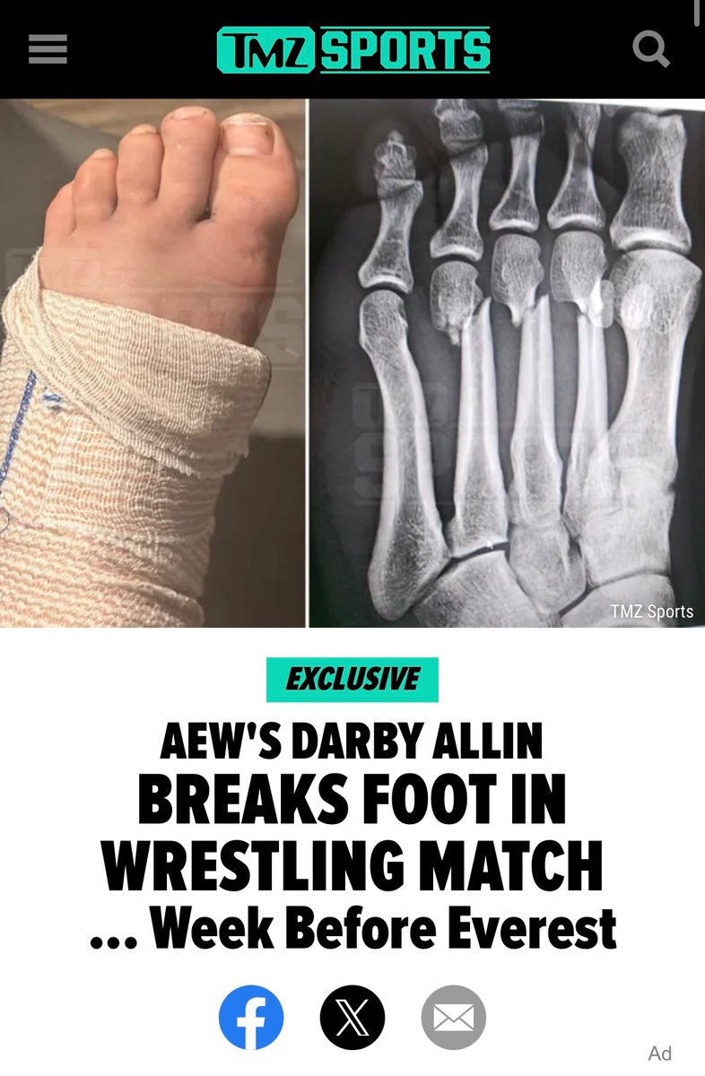 Unfortunately the foots really broke from Wednesdays match. Everest will have to be next year 💪🏽 tmz.com/2024/03/15/aew…