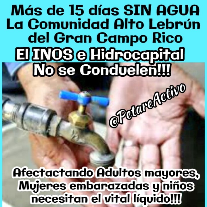 .@HidroCapital2 .<a href="/RMarcoTorres/">Rodolfo Marco Torres</a> .<a href="/minaguasoficial/">Minaguas_ve</a> .<a href="/NicolasMaduro/">Nicolás Maduro</a> 
Nuestra Solidaridad con nuestros Vecinos del Alto Lebrún en Campo Rico, Petare, con más  de 20 días sin el Vital Líquido, se espera que para el día lunes tengan solución.
Clamor Popular Agua para el Alto Lebrún!!!