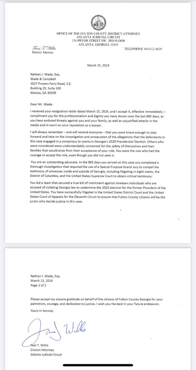 #NathanWade resigns! Now back to the regular prosecution of the matter, right? RIGHT????? Very happy he came to this decision. (something MANY of us have been suggesting for months!) #Fulton #Trump #Willis