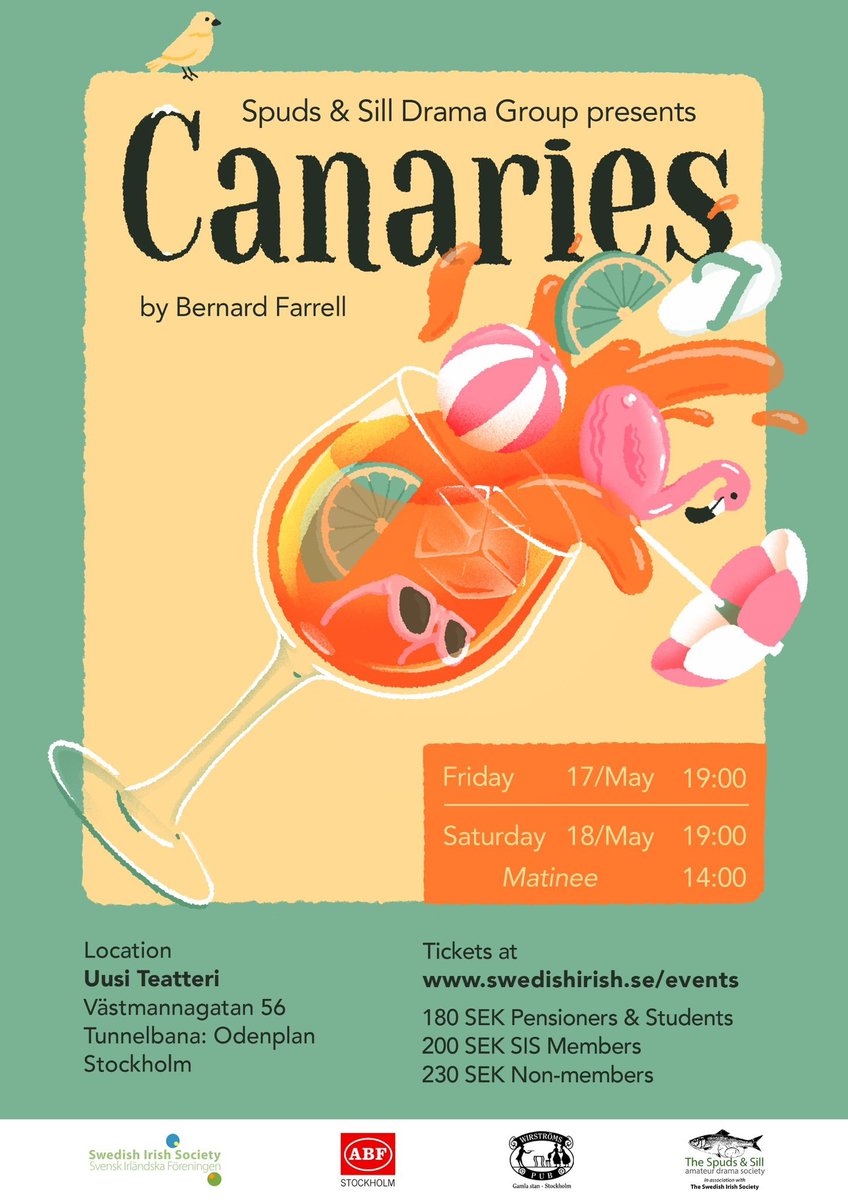 SwedishIrishSoc's tweet photo. On sale now! Spuds and Sill's Tickets to Bernard Farrell's comedy "Canaries" May 17th &amp; 18th Uusi Teatteri, Västmannagatan 56, Stockholm
https://t.co/Y4IKqtUX9e https://t.co/TKN0w9K4qC