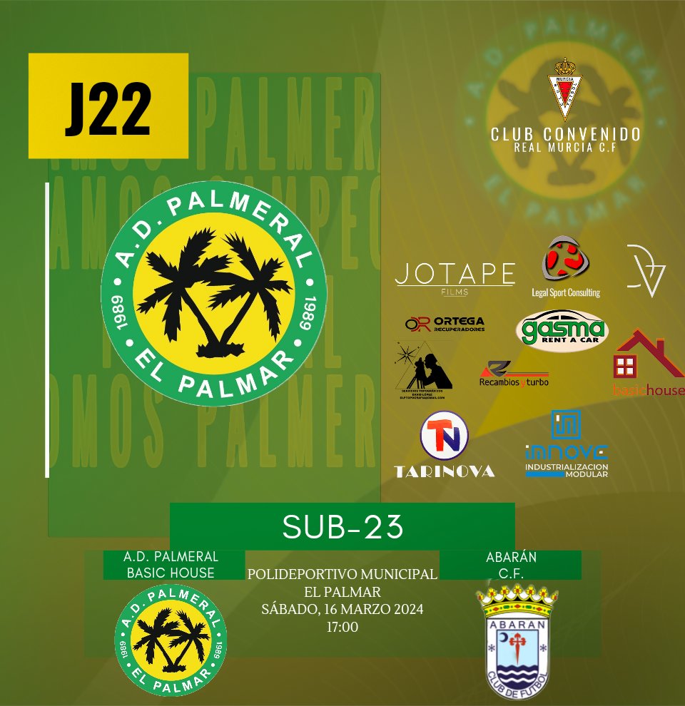 MURADPALMERAL's tweet photo. ⚫🟢 🅢🅤🅑➋➌🟢⚫
𝐏𝐀𝐑𝐓𝐈𝐃𝐎 | 𝐉22
Jugamos en casa, mañana sábado partido A.D. Palmeral Basic House VS #ABARANCF 

¡Vamos equipo! ⚽🌴

🗓️ Sábado 16/03
⏰ 17:00 H
📍 Pvo. Mpal. Del Palmar
 
#adpalmeral #palmeral #somospalmeral https://t.co/fnEoqcNlxO