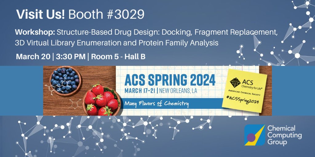 Visit Us! Booth 3029 @AmerChemSociety ACS Spring 2024 Meeting #NOLA👈😀 & attend our #SBDD: Docking, Fragment Replacement, 3D Virtual Library Enumeration & Protein Family Analysis workshop on March 20, 3:30pm 😎 register @ bit.ly/43jFIqq #ACSSpring2024 #compchem #medchem