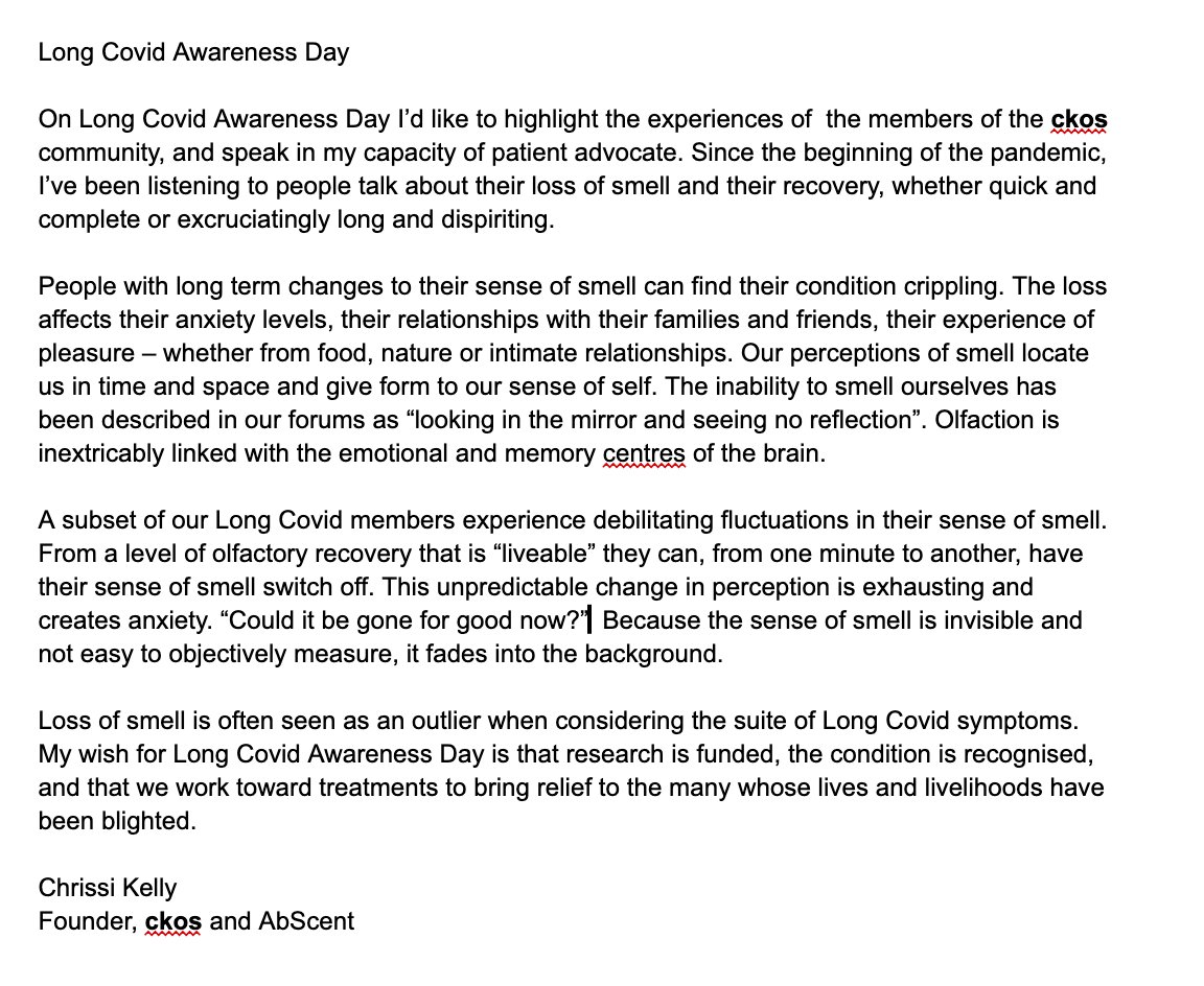 On #LongCovidAwarenessDay, a message from me and the long term smell loss community. Smell loss remains below the radar, and devastating fluctuations in smell that happen for some of our long termers blight well-being and cause anhedonia. <a href="/LongCOVIDPhysio/">Long COVID Physio</a> <a href="/LongCovidSOS/">Long Covid SOS @longcovidsos.bsky.social</a>