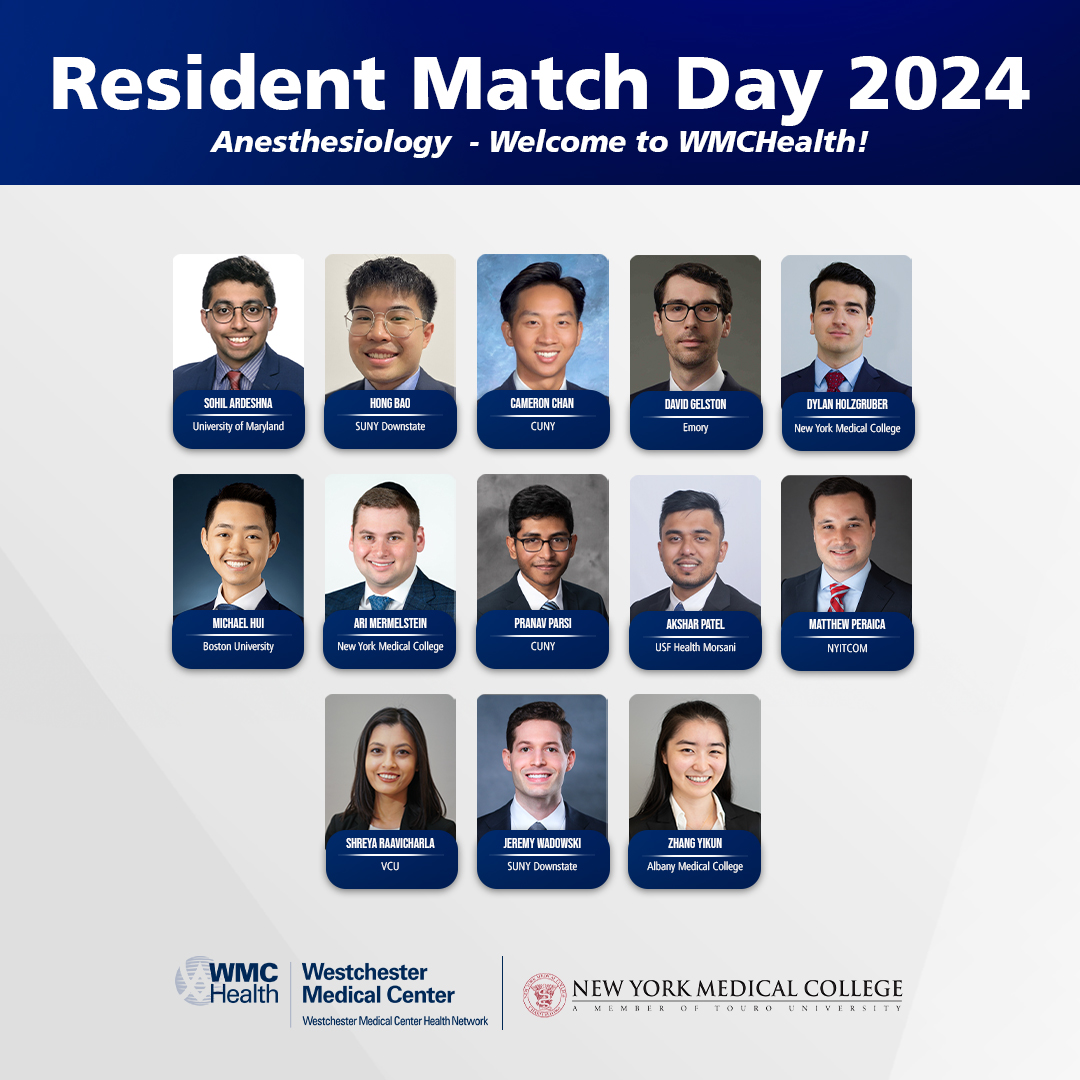It's Match Day, the day when medical students find out where they will be headed for residency training. Join us in welcoming our newest residents to Westchester Medical Center's Anesthesiology Residency! #Match2024 @TheNRMP