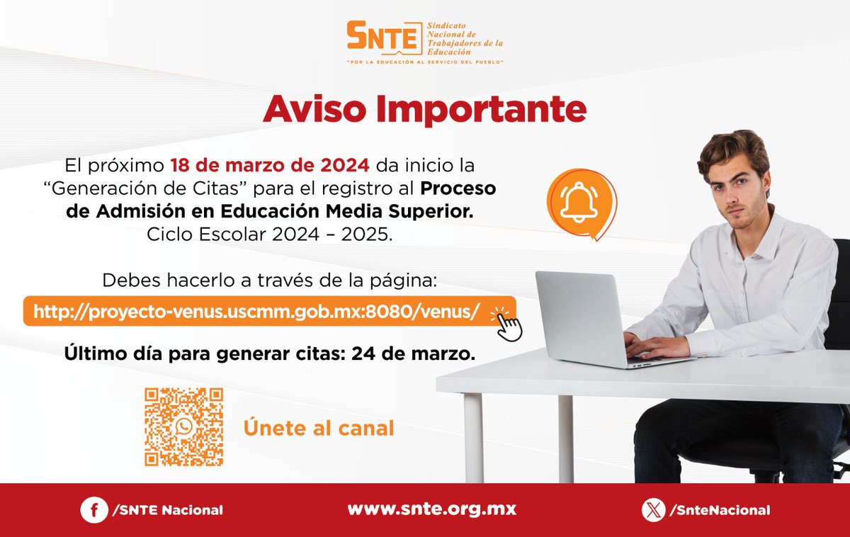 ‼️Toma nota‼️ 📝✍️ A partir del #18deMarzo 📆 podrás generar tu cita como parte del registro al 📌 Proceso de admisión en Educación Media Superior 📚👨🏻‍🎓 Hazlo a través del enlace: 🔗 proyecto-venus.uscmm.gob.mx:8080/venus/