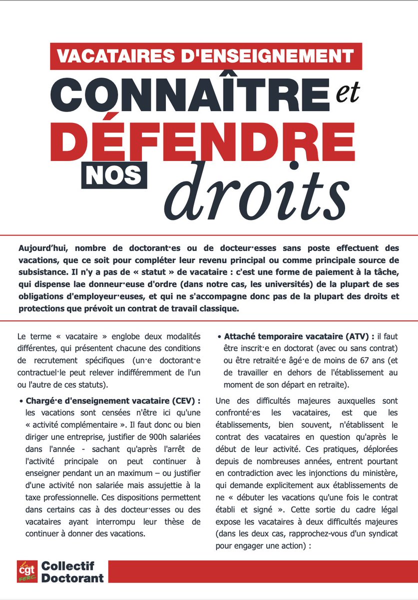 🔴 Le collectif doctorant de la <a href="/CgtFercSup/">CGT FERC Sup</a> lance une campagne pour les vacataires🔴

Notre but est de lancer un travail suivi de longue durée, jusqu’à atteindre l’objectif réaliste d’une requalification de la majorité des vacations en contrats à durée déterminée.