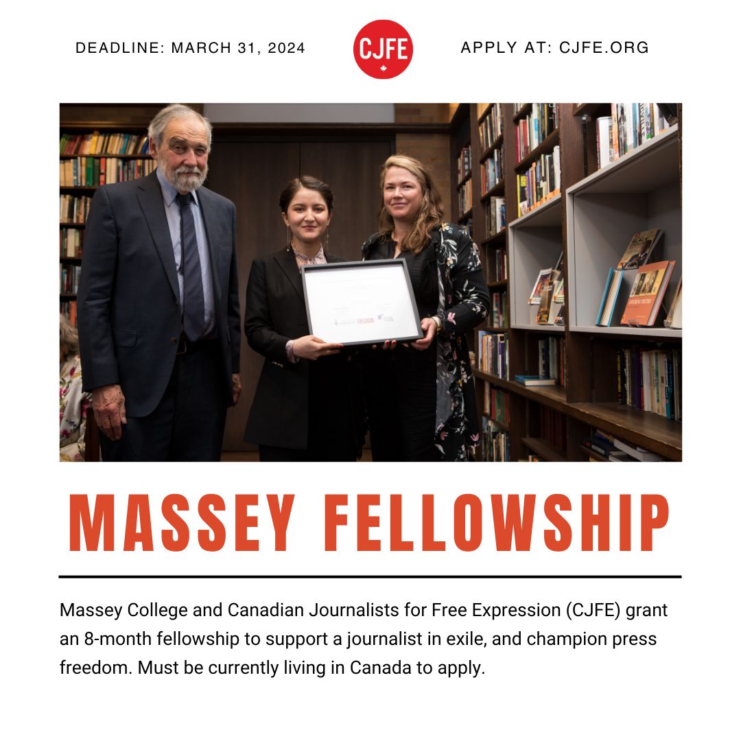 Calling journalists in Canada! Apply for Massey Fellowship 2024/25 with @CJFE. Offering funding and 8 months at @MasseyCollege for journalists in exile. Refine professional skills and expand your network. Apply by March 31 at cjfe.org/journalist-res…