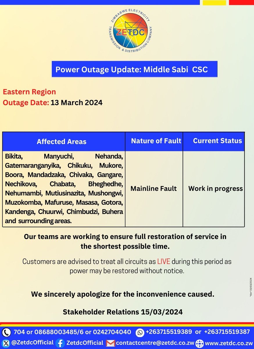 AsterXe_dex's tweet photo. #PowerOutageUpdate
#MiddleSabi
#EasternRegionResidents in the mentioned areas kindly take note.
@HeraldZimbabwe
@TheMirrorMsv https://t.co/PFpW8QwyD4