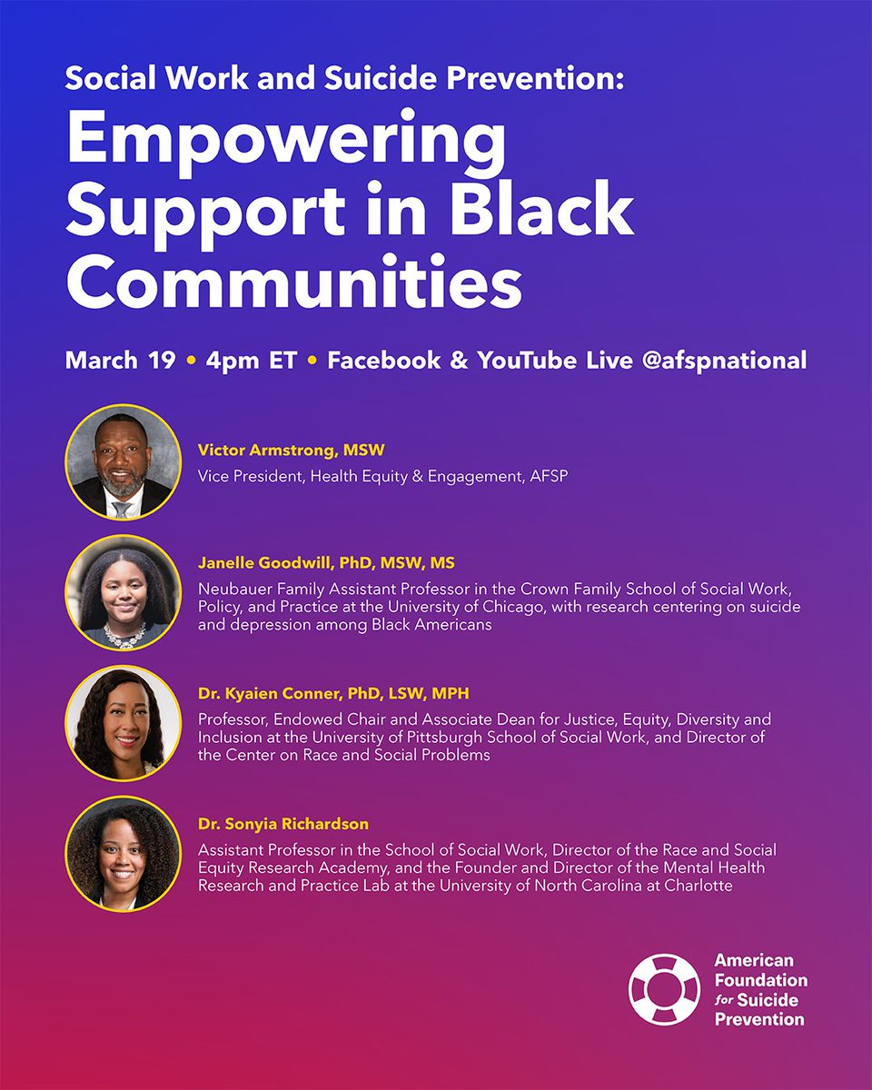 March is Social Work Month. Join me and my colleagues @sonyiarich @kyaien and @TrustGoodwill for a discussion regarding the unique perspective of Black social workers in suicide prevention. #StopSuicide #SocialWorkMonth @afspnational @nasw @NASWNC @Action_Alliance