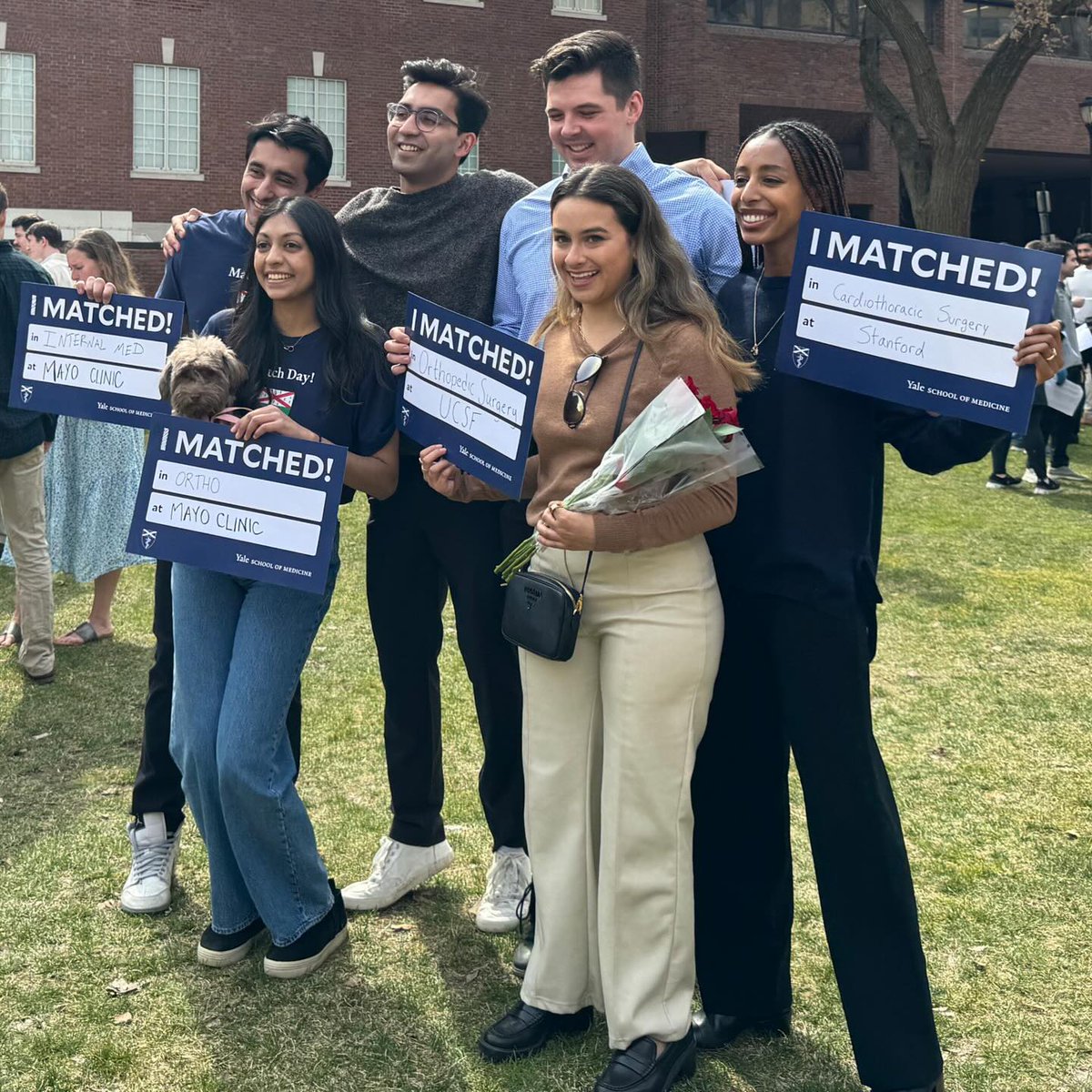 Yale's tweet photo. Milestone moment: Match Day at Yale School of Medicine!

After years of hard work, members of the M.D. Class of 2024 just found out where they’ve been assigned for residency. Congratulations! @YaleMed @YaleIMed #Yale #MatchDay https://t.co/pfLLTU0l00