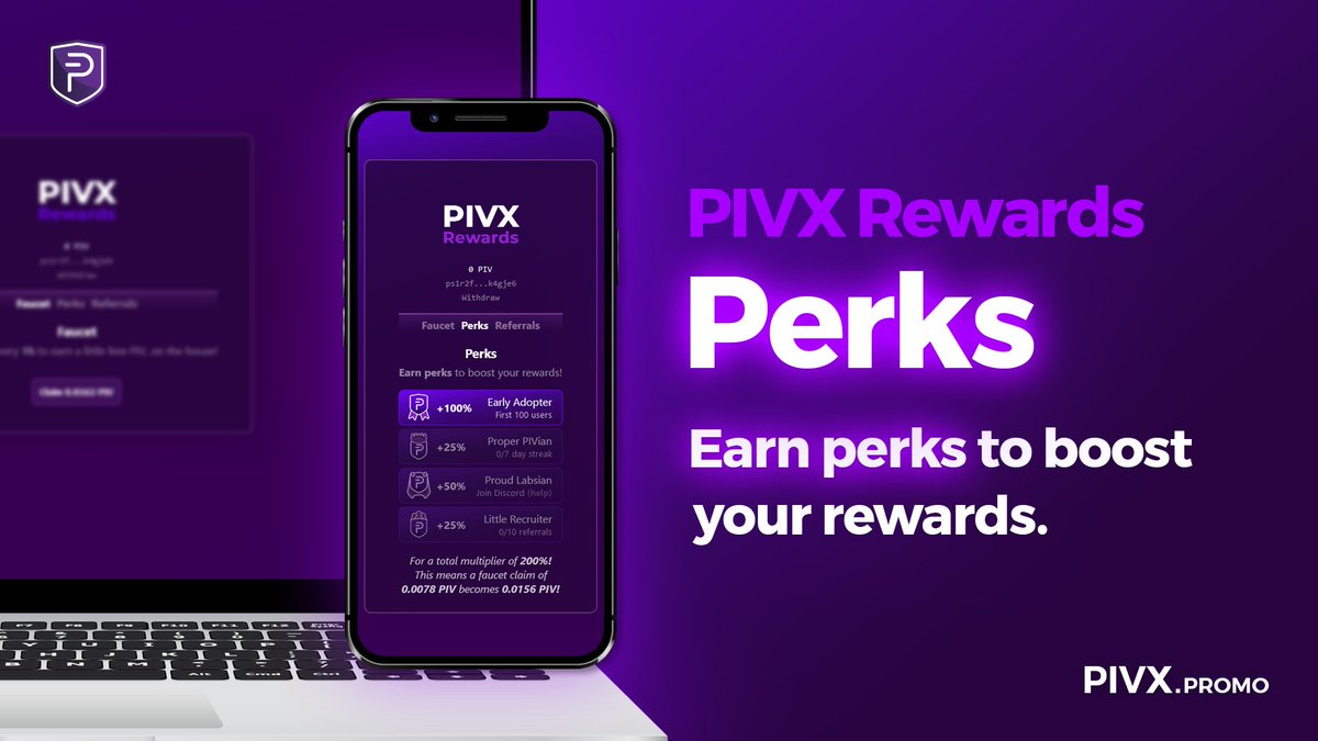 #PIVX Rewards tutorial series continues, with Perks!👑

Perks are earned through completing quests. ⚔️

Every Perk has a different percentage by which it boosts your Faucet rewards! 💰

The percentages go from +25%  to +50%, for a total multiplier of 200%!  📈