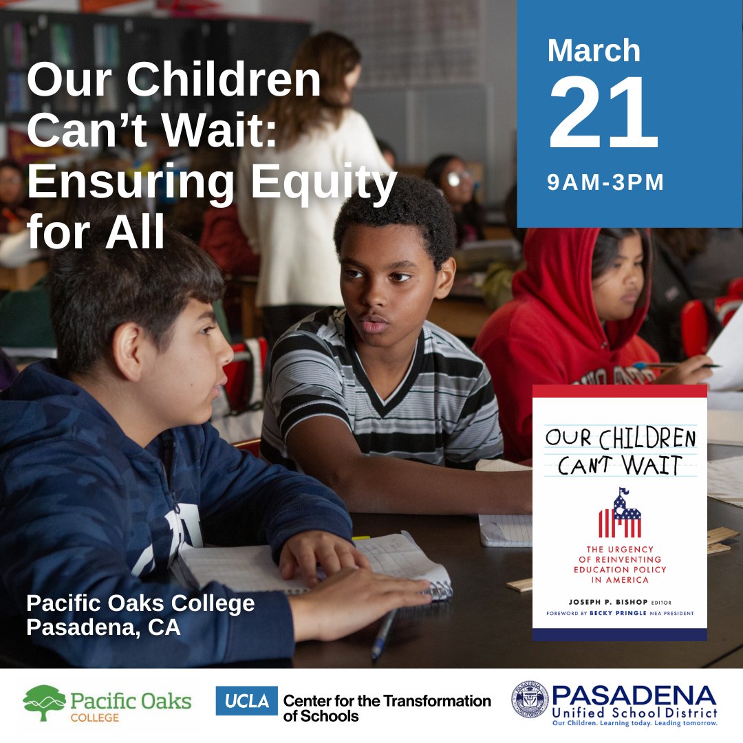Join CTS ED Dr. <a href="/joepbishop/">Joseph Bishop</a> at <a href="/pacificoaks/">Pacific Oaks College</a> next Thursday, 3/21 for “Our Children Can’t Wait: Ensuring Equity for All”. Breakouts include:
🔵support systems for Black students
🟡educator pipeline
🔵youth participatory action research
🟡parent advocacy
RSVP tinyurl.com/cy929jf7