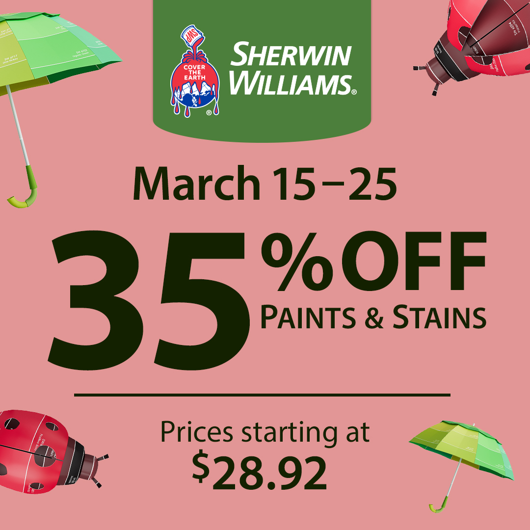 Shop our Spring Sale to save 35% on paints and stains plus 15% on supplies: bit.ly/3v3T11L . Offer valid 3/15/24–3/25/24. Some restrictions apply.