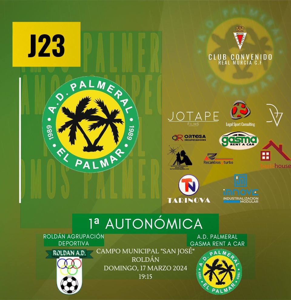 MURADPALMERAL's tweet photo. ⚫🟢 𝟏° 𝐀𝐔𝐓𝐎𝐍𝐎𝐌𝐈𝐂𝐀 🟢⚫
𝐏𝐀𝐑𝐓𝐈𝐃𝐎 | 𝐉23

Este domingo A.D. Palmeral GASMA Rent A Car se enfrenta a #RoldanAgrupacionDeportiva

¡Vamos equipo! ⚽🌴
📆  17/03
🕛 19:15 H
🏟 Cpo. Mpal. San José - Roldán 

#adpalmeral #palmeral #somospalmeral https://t.co/9X1vpXD3st