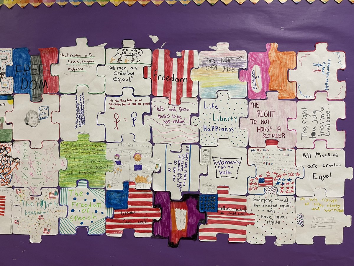 After we reexamined excerpts of the Dec. of Independence and the U.S. Constitution, students each decorated a puzzle piece to reflect what those founding documents tell us about equality and rights. @NationalCLW #CivicLearningWeek #vted #sschat #middleschool #puzzle