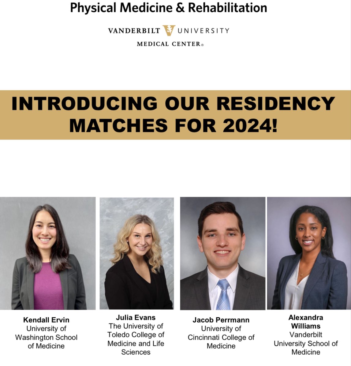 vumcpmr's tweet photo. Welcome to our #physiatry family @VUMChealth @VUMCGME! We are thrilled for you to join us! #Match2024 https://t.co/jP80nl7AEL