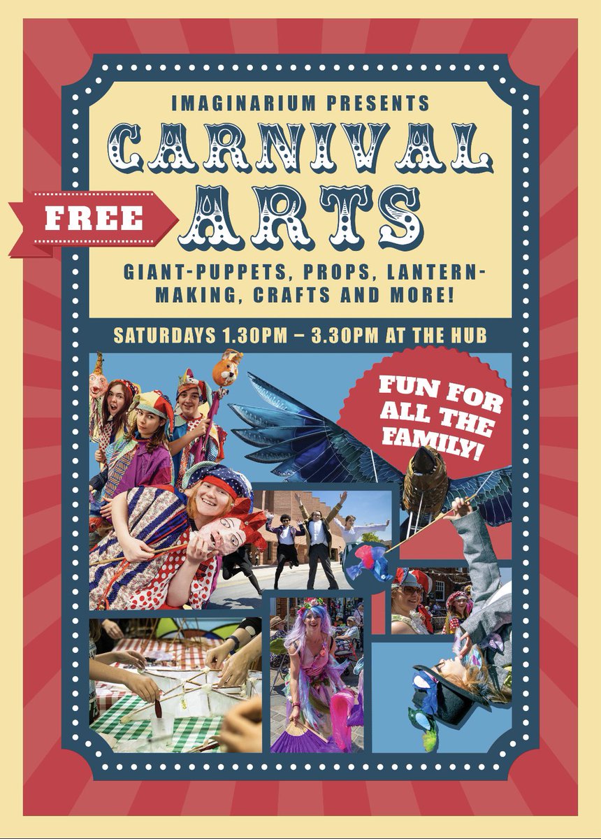 CARNIVAL ARTS Saturday drop-in FREE sessions at the Imaginarium Hub 1.30pm -3.30pm. Join the fun making 2 HUGE giant puppets of Shakespeare & Queen Elizabeth 1st for a big community parade at the Prescot Elizabethan Fayre this June. NB: Under 18’s must be accompanied by an adult.
